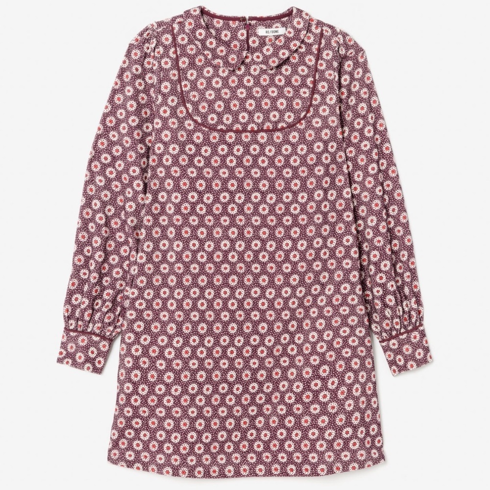 Re/Done Maroon Floral Print Long Sleeve Dress